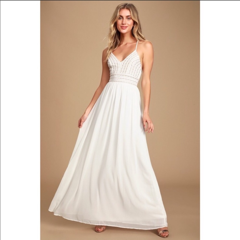 Lulu’s Meet Me in Madrid White Beaded Maxi Dress